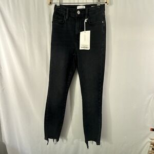 FRAME Ali High Rise Cigarette Noir Skinny Jeans Black Raw Hem Ankle Women 24 NWT